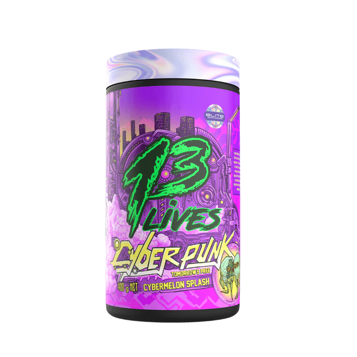 A container of Cyberpunk Tomorrow's Pree by 13 Lives, featuring a colorful design with neon green text and various graphics related to gaming.