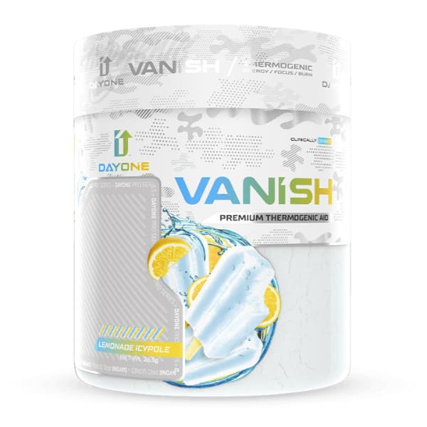 Front view of Day One Performance VAN1SH thermogenic fat burner 243g tub in lemonade icypole flavour with white and yellow label design