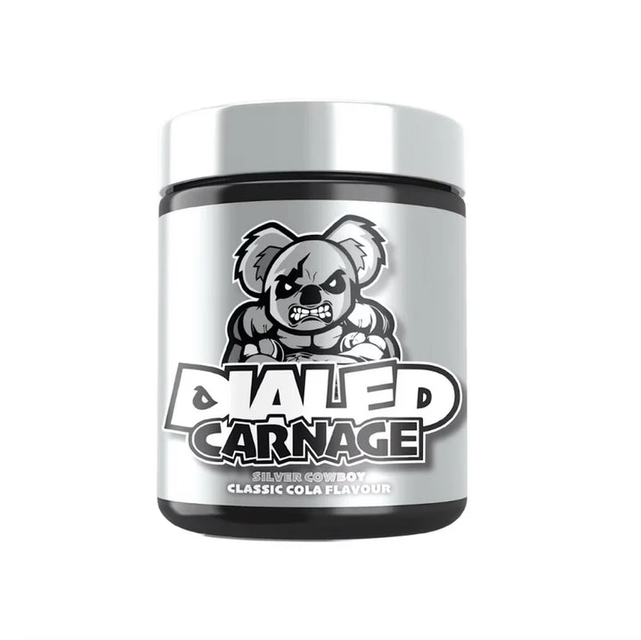 Front view of Dialed Carnage pre-workout 375g tub in showing bold koala mascot and label design.