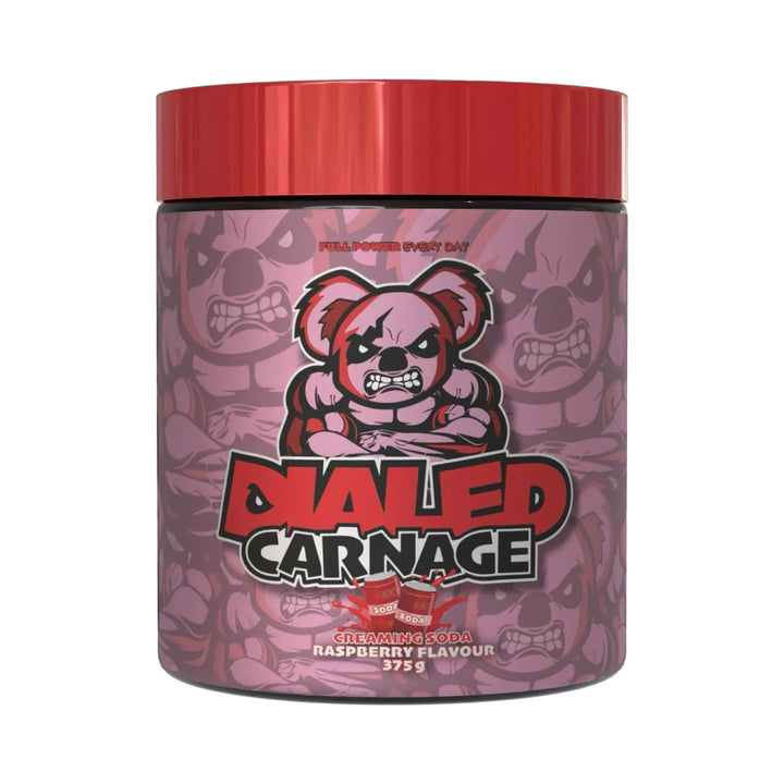 Front view of Dialed Carnage pre-workout 375g tub in showing bold koala mascot and label design.