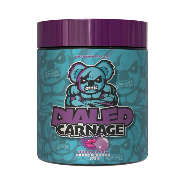 A container of Dialed Carnage pre-workout supplement with a cartoon bear character and graffiti-style text.