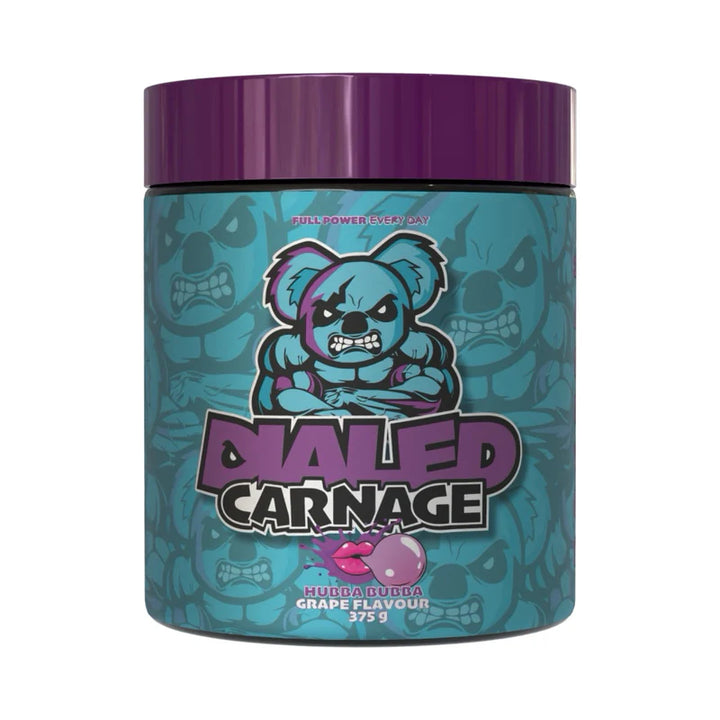 A container of Dialed Carnage pre-workout supplement with a cartoon bear character and graffiti-style text.