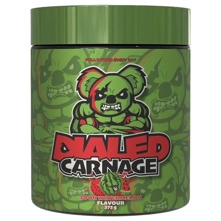 Front view of Dialed Carnage pre-workout 375g tub in showing bold koala mascot and label design.