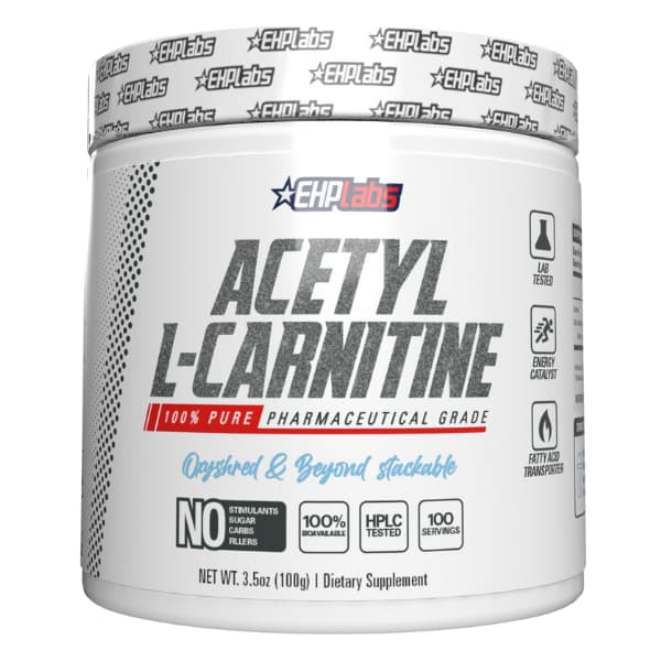 Front view of EHPLabs Acetyl L-Carnitine 100g tub showing clean white label with product claims and no stimulants