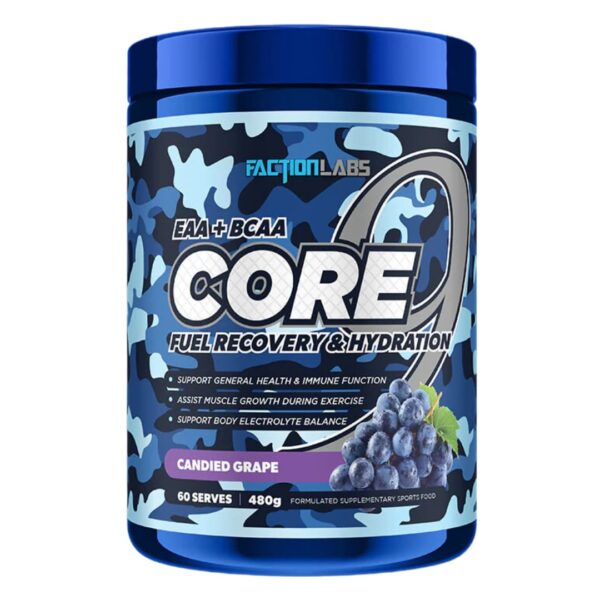A blue plastic container of Faction Labs CORE 9 EAA with a camouflage pattern and grapes depicted on it, indicating the flavor and possibly the design of the product packaging.
