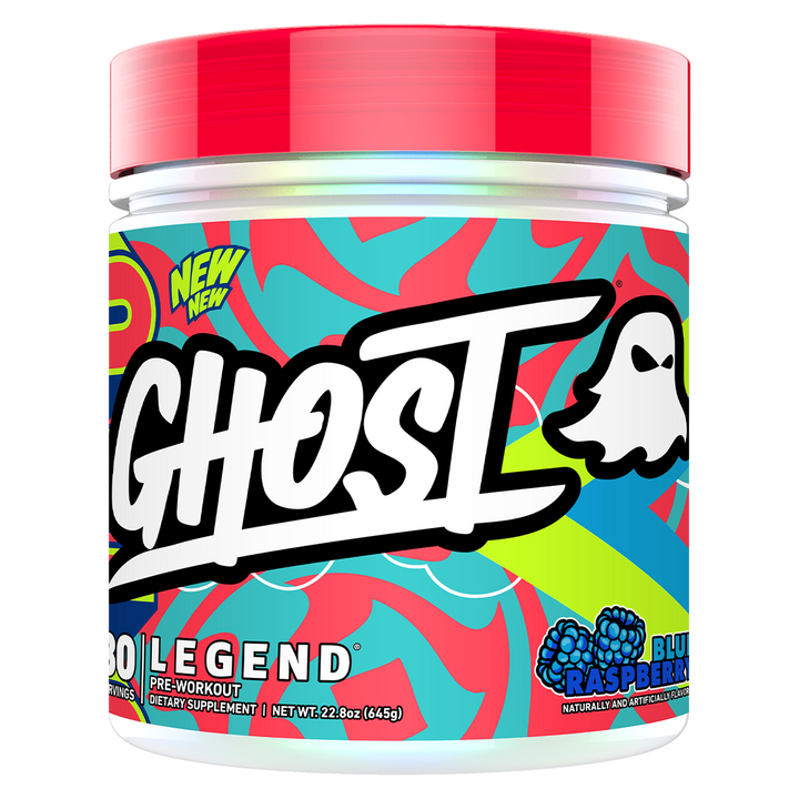 A container of Ghost Legend Pre-Workout supplement with a colorful design featuring red, blue, and green elements and the brand's logo.