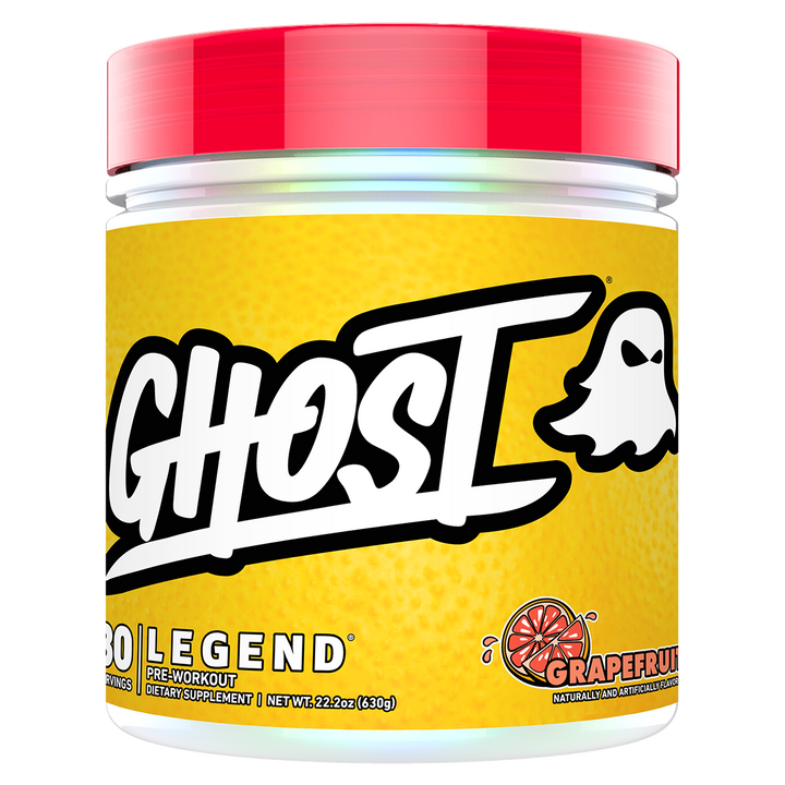 A container of Ghost Legend Pre-Workout supplement with a colorful design featuring red, blue, and green elements and the brand's logo.