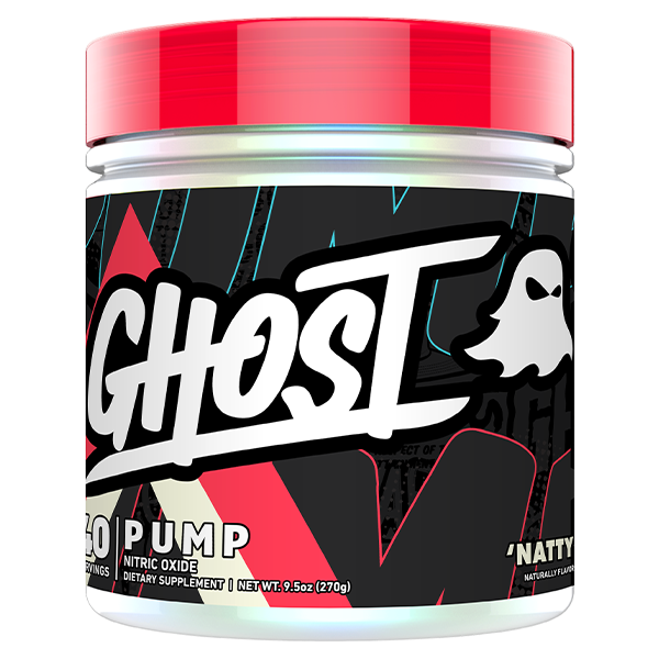A container of Ghost Pump pre-workout supplement with a predominantly black label featuring white and red text, and a white ghost logo.