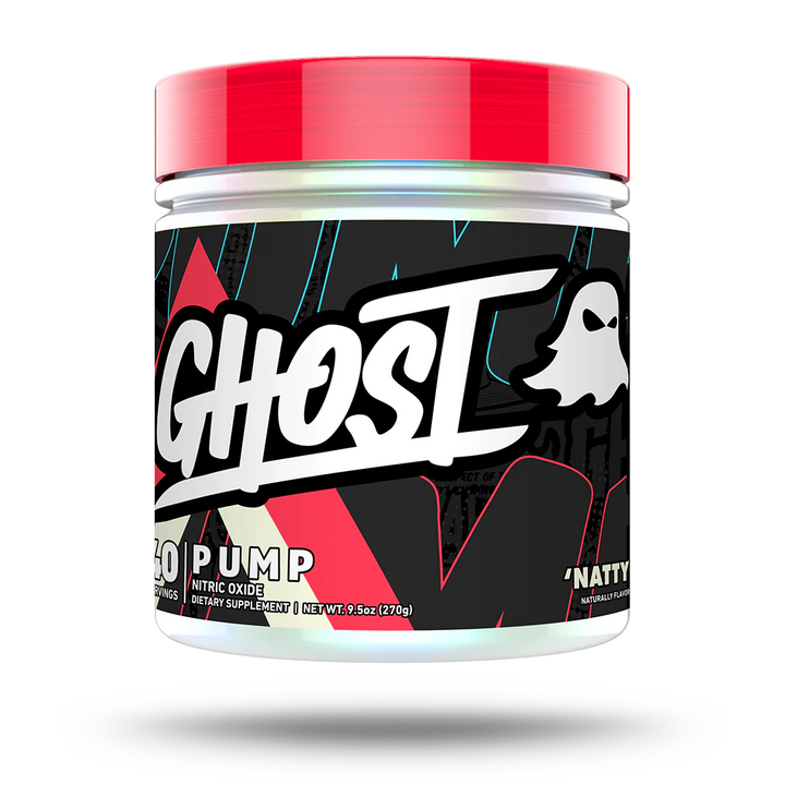 A container of Ghost Pump pre-workout supplement with a predominantly black label featuring white and red text, and a white ghost logo.