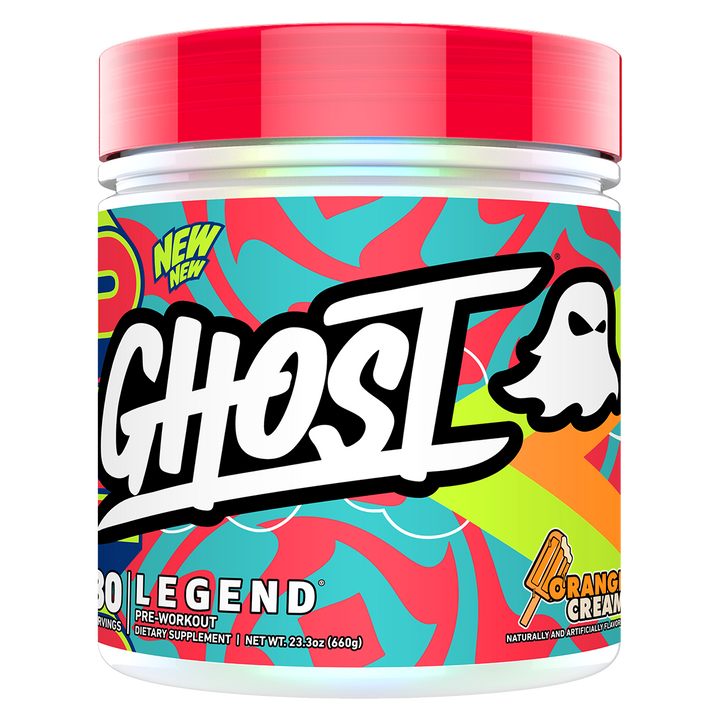 A container of Ghost Legend Pre-Workout supplement with a colorful design featuring red, blue, and green elements and the brand's logo.