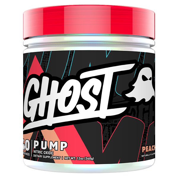 A container of Ghost Pump pre-workout supplement with a predominantly black label featuring white and red text, and a white ghost logo.