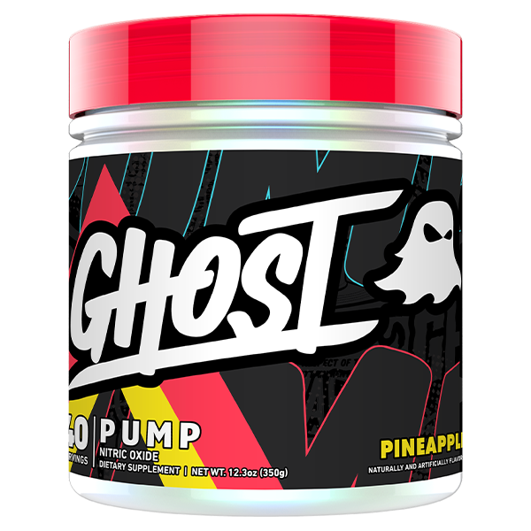 A container of Ghost Pump pre-workout supplement with a predominantly black label featuring white and red text, and a white ghost logo.