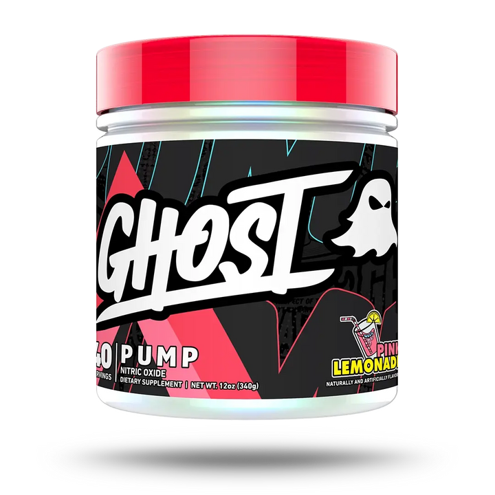 A container of Ghost Pump pre-workout supplement with a predominantly black label featuring white and red text, and a white ghost logo.