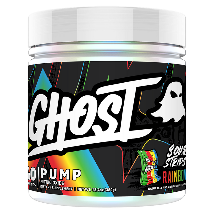 A container of Ghost Pump pre-workout supplement with a predominantly black label featuring white and red text, and a white ghost logo.