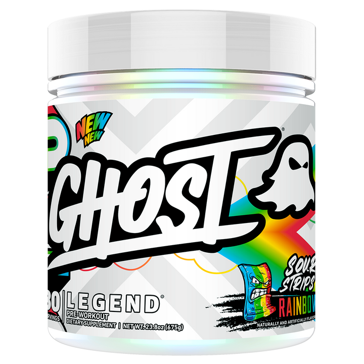 A container of Ghost Legend Pre-Workout supplement with a colorful design featuring red, blue, and green elements and the brand's logo.
