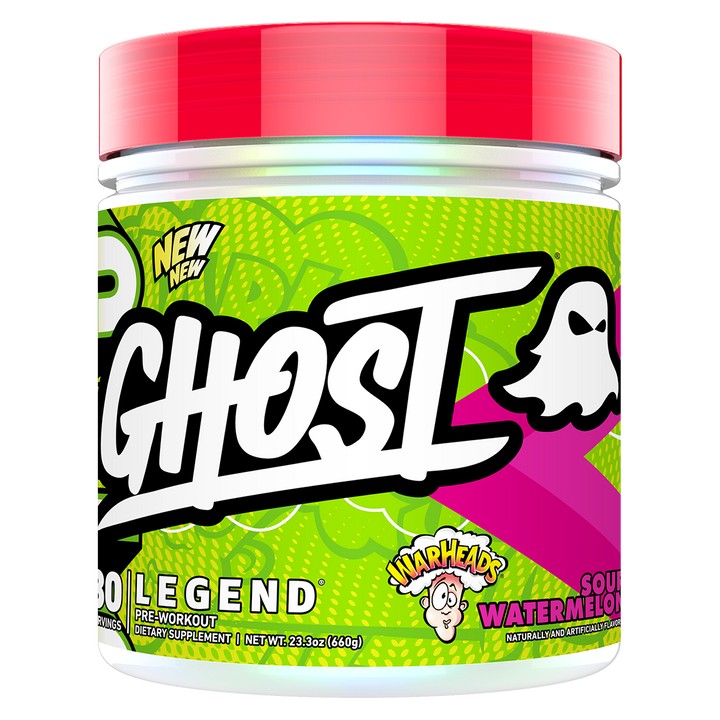 A container of Ghost Legend Pre-Workout supplement with a colorful design featuring red, blue, and green elements and the brand's logo.