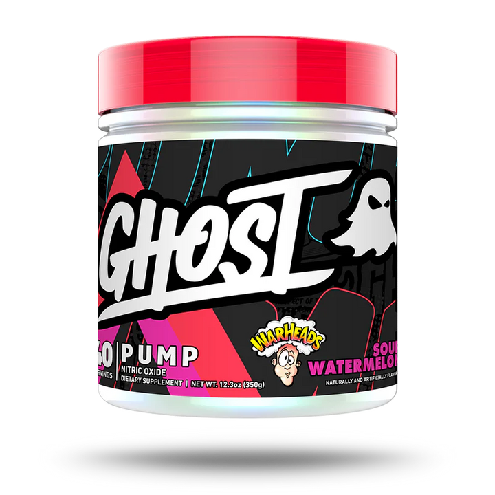 A container of Ghost Pump pre-workout supplement with a predominantly black label featuring white and red text, and a white ghost logo.