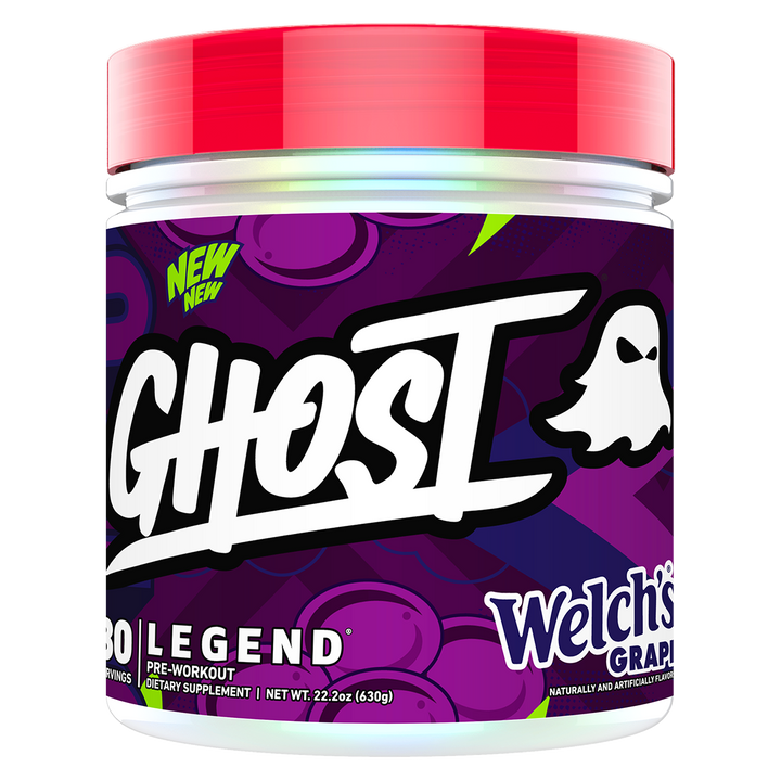A container of Ghost Legend Pre-Workout supplement with a colorful design featuring red, blue, and green elements and the brand's logo.
