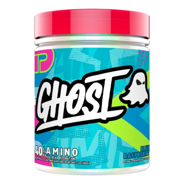 A container of Ghost Amino V2 supplement with a colorful design featuring predominantly blue and green colors, and the name 'Ghost' in stylized white font.