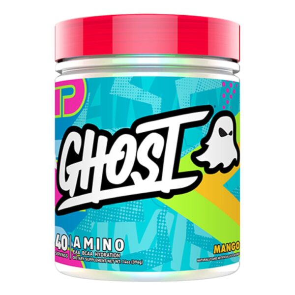 A container of Ghost Amino V2 supplement with a colorful design featuring predominantly blue and green colors, and the name 'Ghost' in stylized white font.