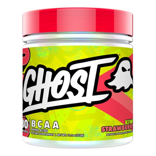 A container of Ghost BCAA supplement in Kiwi Strawberry flavor with a prominent Ghost brand logo on the label.