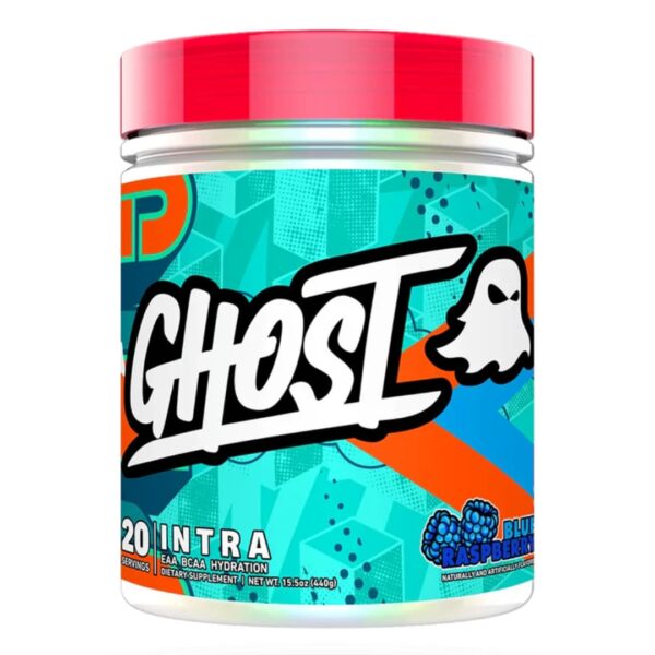 A container of Ghost Intra workout supplement with a colorful design featuring predominantly blue and orange colors, with the Ghost brand logo.