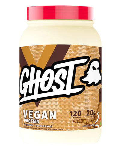A container of Ghost Lifestyle Vegan Protein powder in a white jar with brand and product information, and a graphic of a ghost.