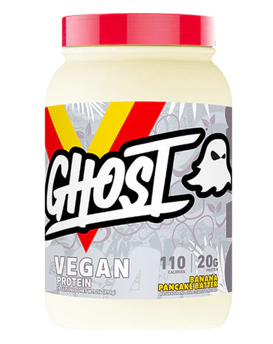 A container of Ghost Lifestyle Vegan Protein powder in a white jar with brand and product information, and a graphic of a ghost.