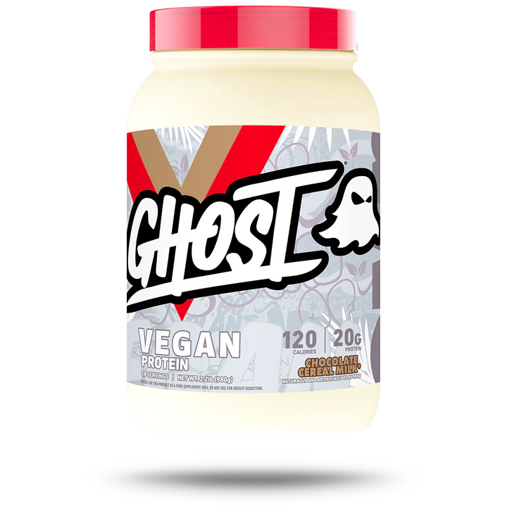 A container of Ghost Lifestyle Vegan Protein powder in a white jar with brand and product information, and a graphic of a ghost.