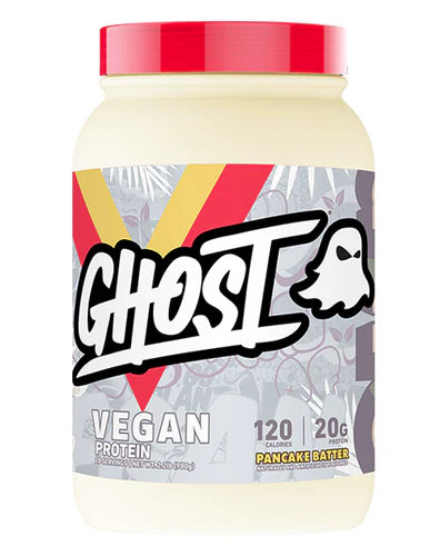 A container of Ghost Lifestyle Vegan Protein powder in a white jar with brand and product information, and a graphic of a ghost.