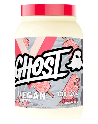 A container of Ghost Lifestyle Vegan Protein powder in a white jar with brand and product information, and a graphic of a ghost.