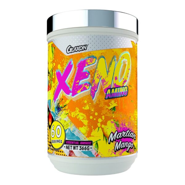 A container of Glaxon XENO Amino supplement with a colorful design featuring pink and green hues, and text indicating it is a mango flavor with 60 servings.
