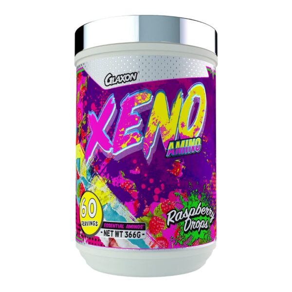 A container of Glaxon XENO Amino supplement with a colorful design featuring pink and green hues, and text indicating it is a raspberry drops flavor with 60 servings.