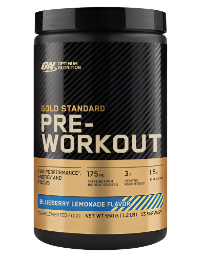 Optimum Nutrition Gold Standard Pre Workout container in blue color with text detailing the product name, flavor, and benefits.