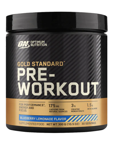 Optimum Nutrition Gold Standard Pre Workout container in blue color with text detailing the product name, flavor, and benefits.