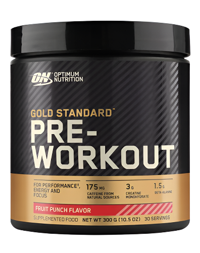 Optimum Nutrition Gold Standard Pre Workout container in blue color with text detailing the product name, flavor, and benefits.