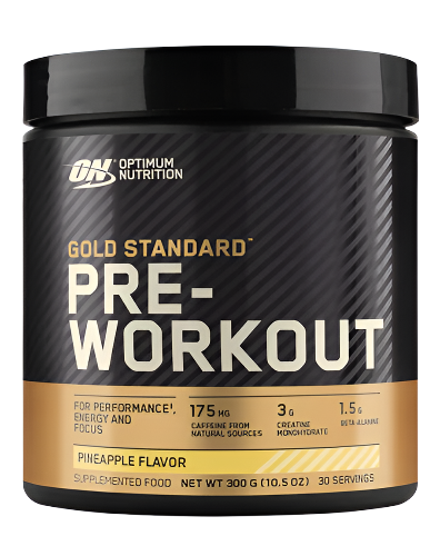 Optimum Nutrition Gold Standard Pre Workout container in blue color with text detailing the product name, flavor, and benefits.