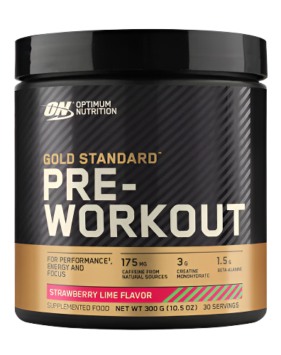 Optimum Nutrition Gold Standard Pre Workout container in blue color with text detailing the product name, flavor, and benefits.