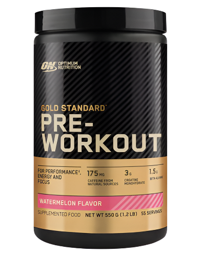 Optimum Nutrition Gold Standard Pre Workout container in blue color with text detailing the product name, flavor, and benefits.