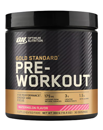 Optimum Nutrition Gold Standard Pre Workout container in blue color with text detailing the product name, flavor, and benefits.