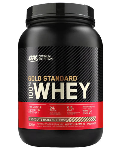 Optimum Nutrition Gold Standard 100% Whey protein powder container on a white background