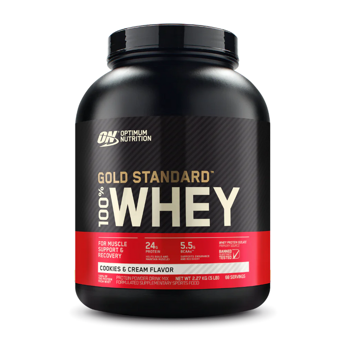 A container of Optimum Nutrition Gold Standard 100% Whey Protein in double rich chocolate flavor.