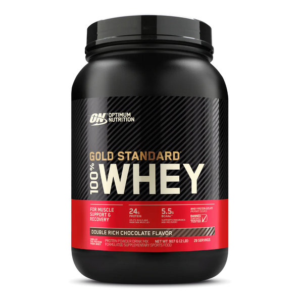 A container of Optimum Nutrition Gold Standard 100% Whey Protein in double rich chocolate flavor.