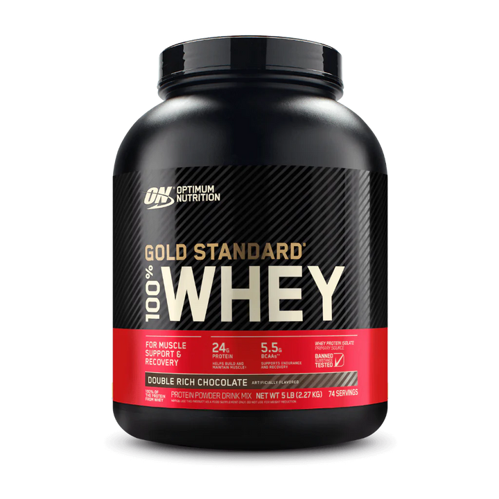 A container of Optimum Nutrition Gold Standard 100% Whey Protein in double rich chocolate flavor.