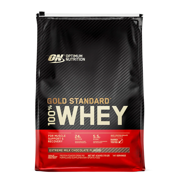A container of Optimum Nutrition Gold Standard 100% Whey Protein in double rich chocolate flavor.
