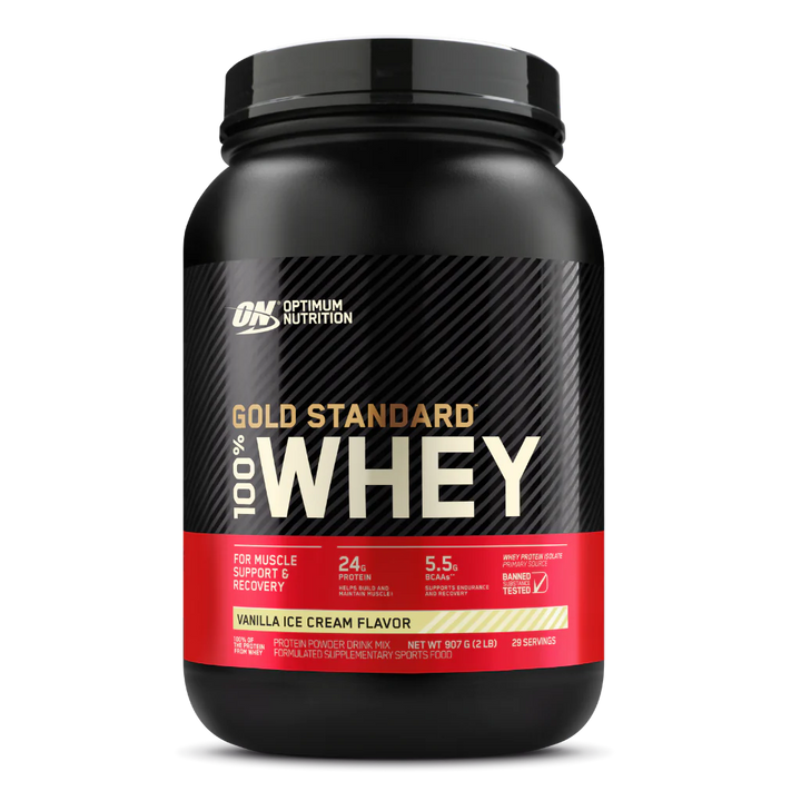 A container of Optimum Nutrition Gold Standard 100% Whey Protein in double rich chocolate flavor.