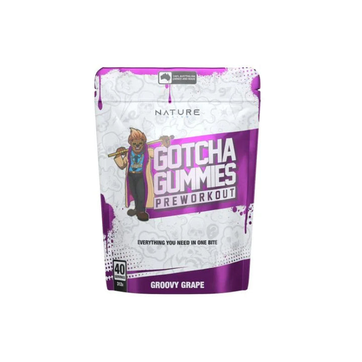 Front view of Gotcha Gummies Pre-Workout 312g bag showing label design with cartoon grape character.