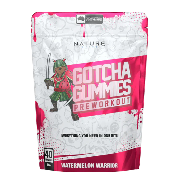 A package of Gotcha Pre Workout Gummies with a watermelon flavor theme, featuring a cartoon character and a pink color scheme.