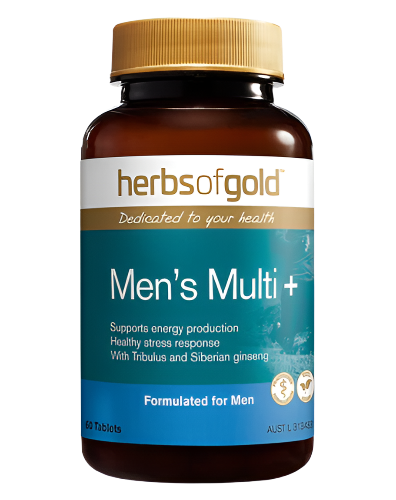 A bottle of Herbs of Gold Men's Multi+ multivitamin tablets.