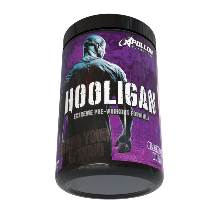 Apollon Nutrition Hooligan V7 Extreme Pre Workout tub featuring Purple label design with muscular figure and bold typography on front